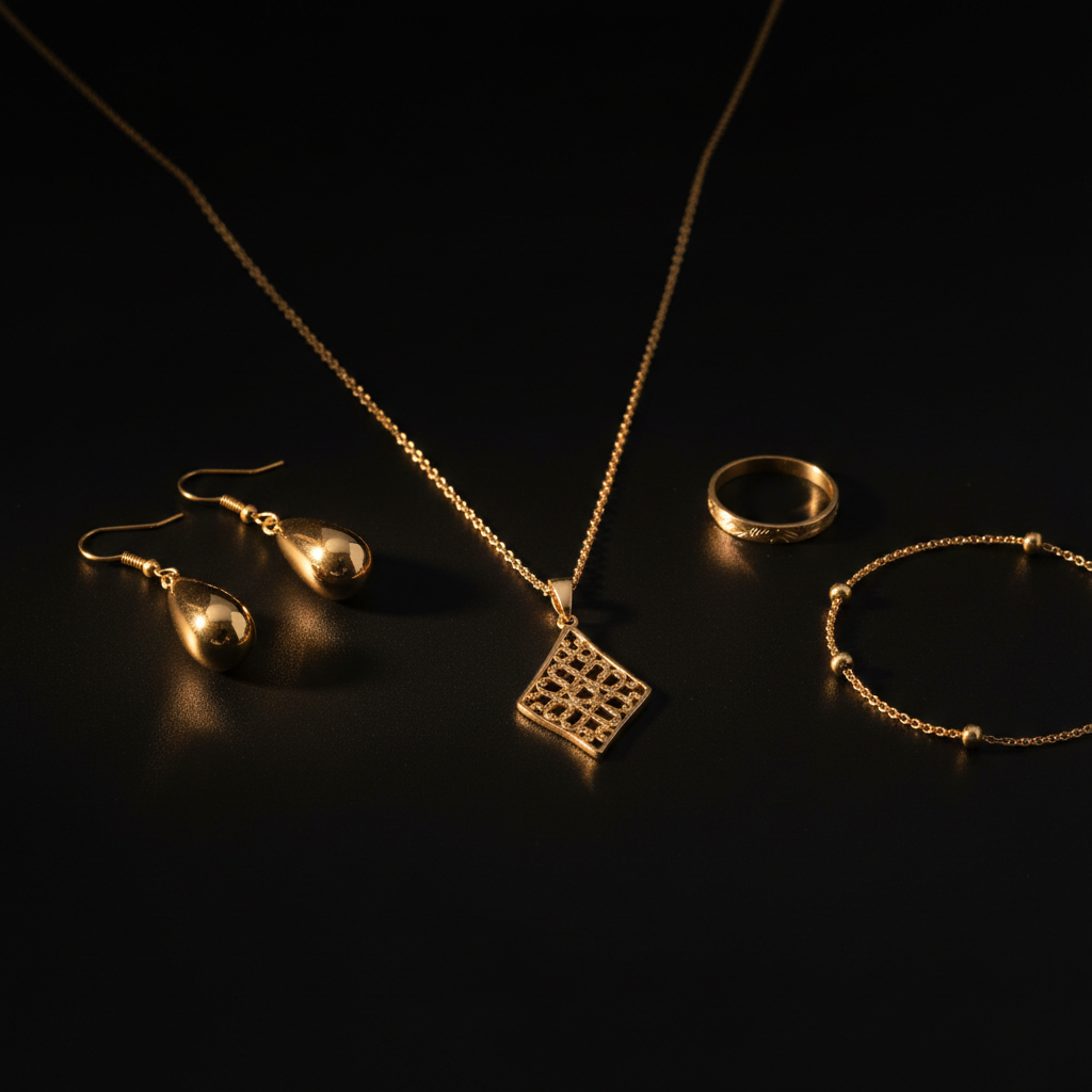 Semi joias folheadas a ouro — brincos, colar, anel e pulseira com acabamento premium da MixTureba Sarandi